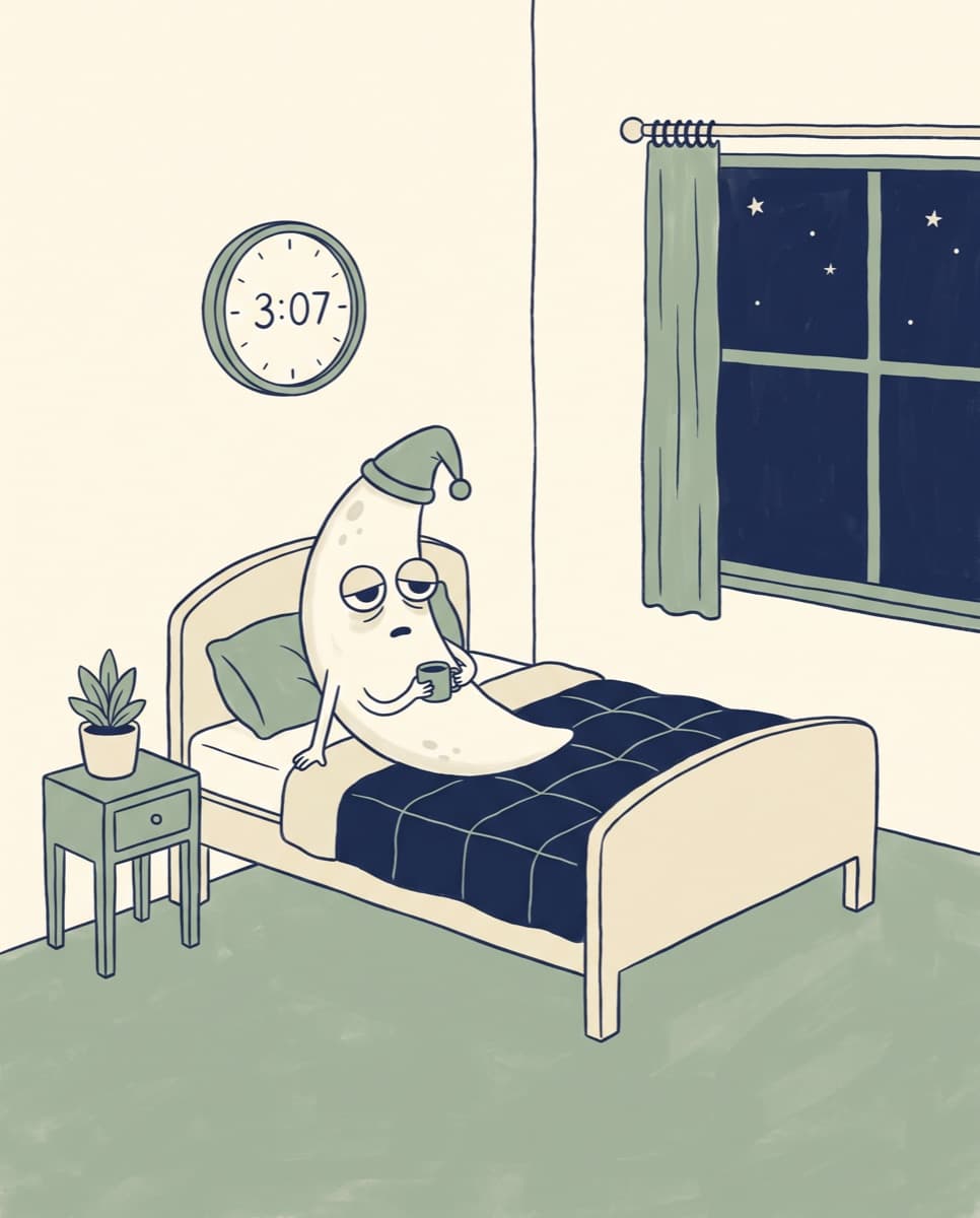 A flat 2D cartoon of a sleepy crescent-moon character in a nightcap on a bed, holding a mug, with a clock reading 3:07.