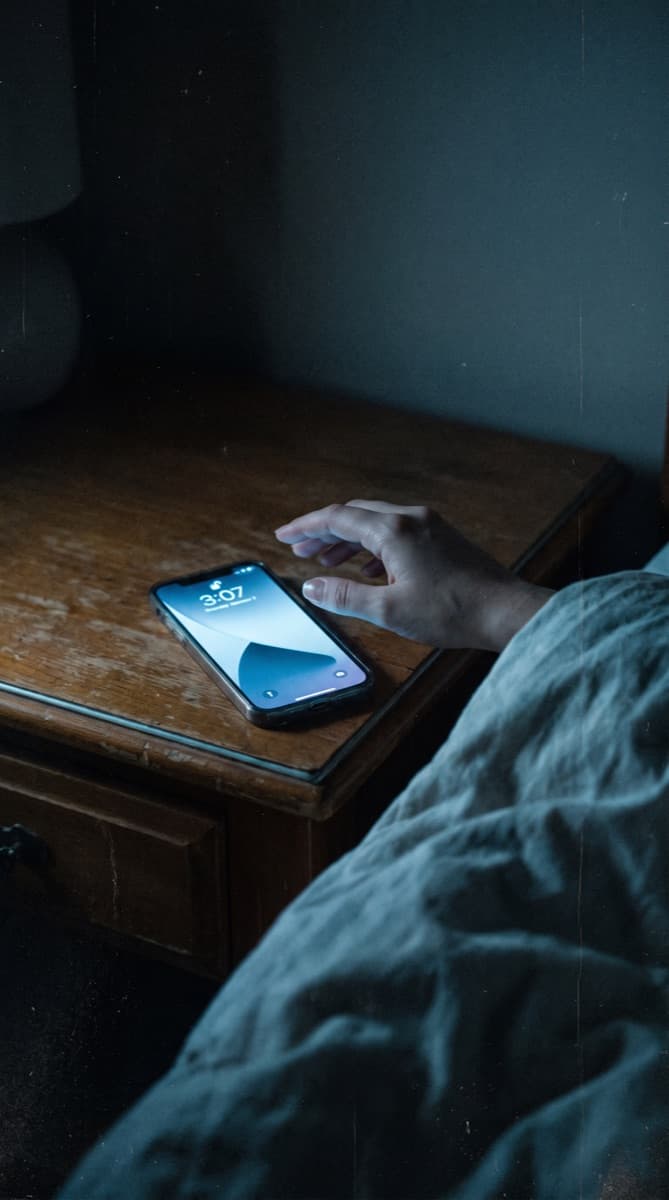 A video frame of a hand reaching from under a duvet for a phone showing 3:07 on a bedside table.